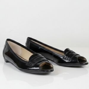 Talbots Patent Leather Peep Toe Penny Loafers Flats Black Womens Size 6.5